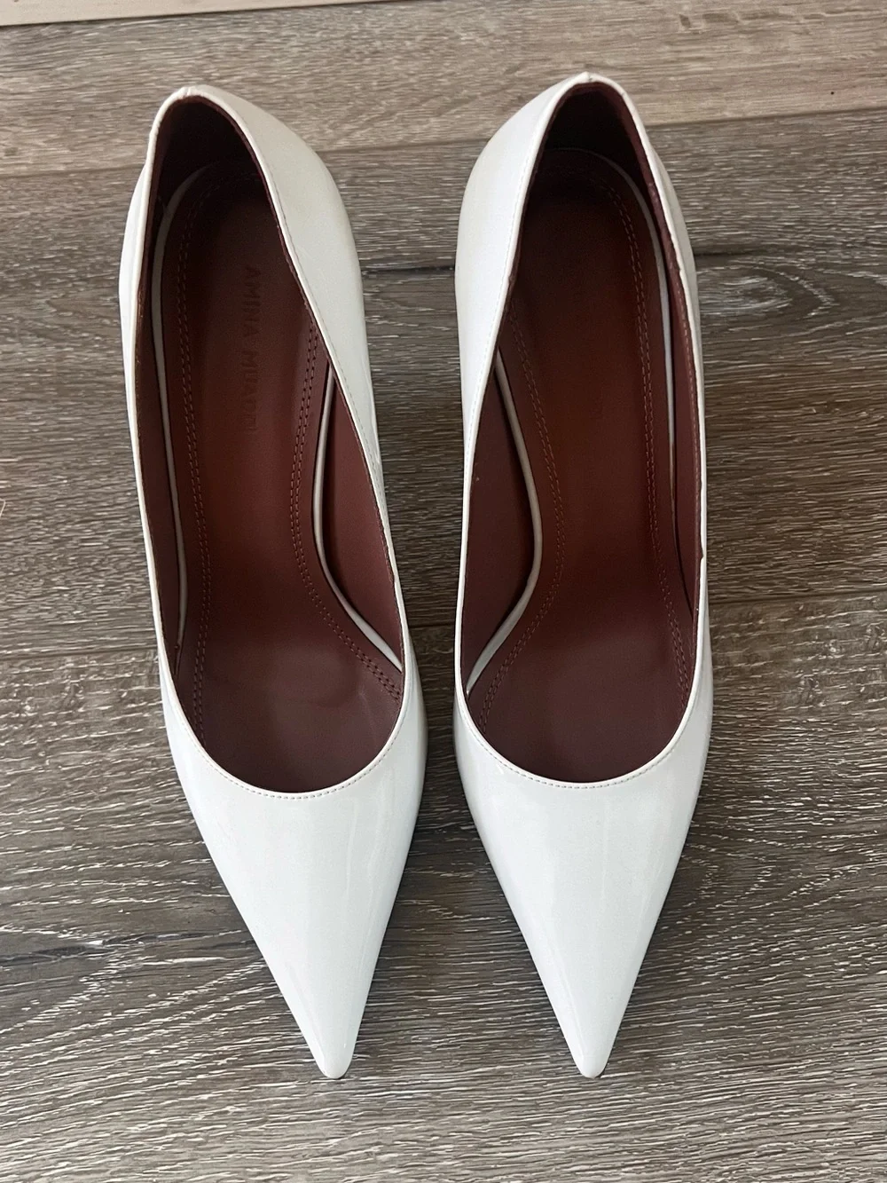 Amina Muaddi White Patent Pointed-Toe Women's Pumps - Picture 2 of 5